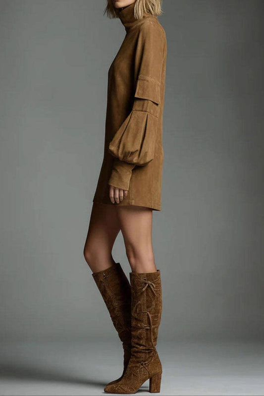High Neck Long Sleeve Pocket Mini Dress