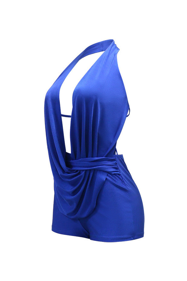 Draped Plunging Halter Backless Romper