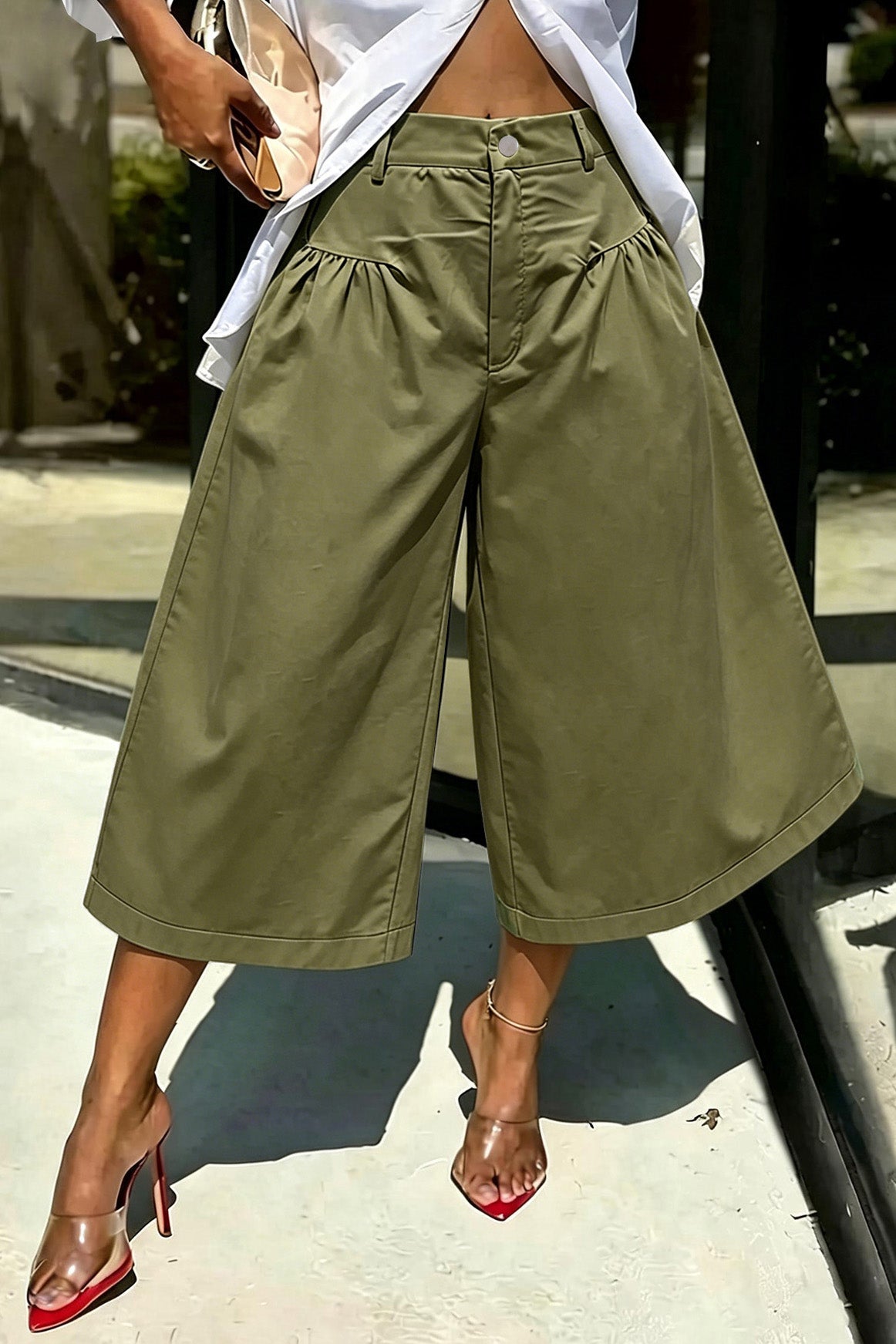 High Waist Gathered Wide Leg Culottes
