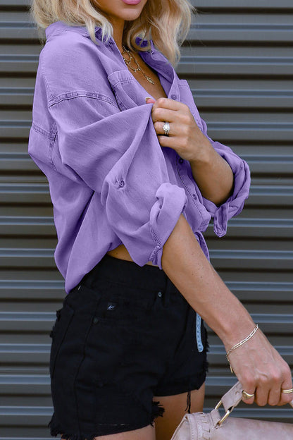 Long Sleeve Button Down Blouses Denim Shirt