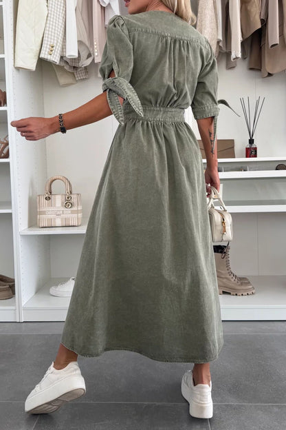 Single-Breasted V-Neck Denim Dress