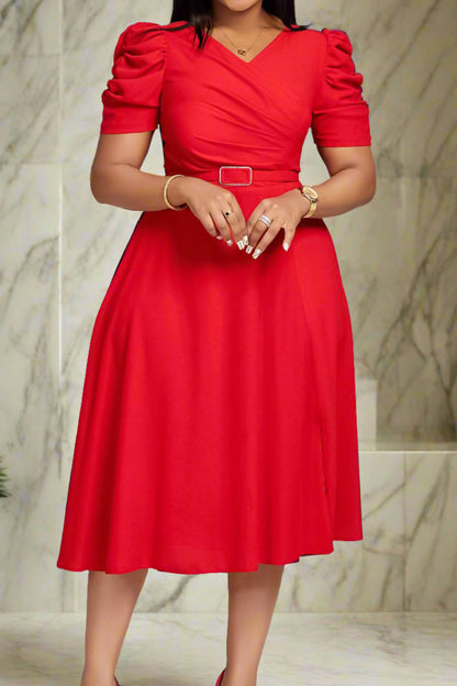 V Neck Short Puff Sleeves High Waist Midi Dress