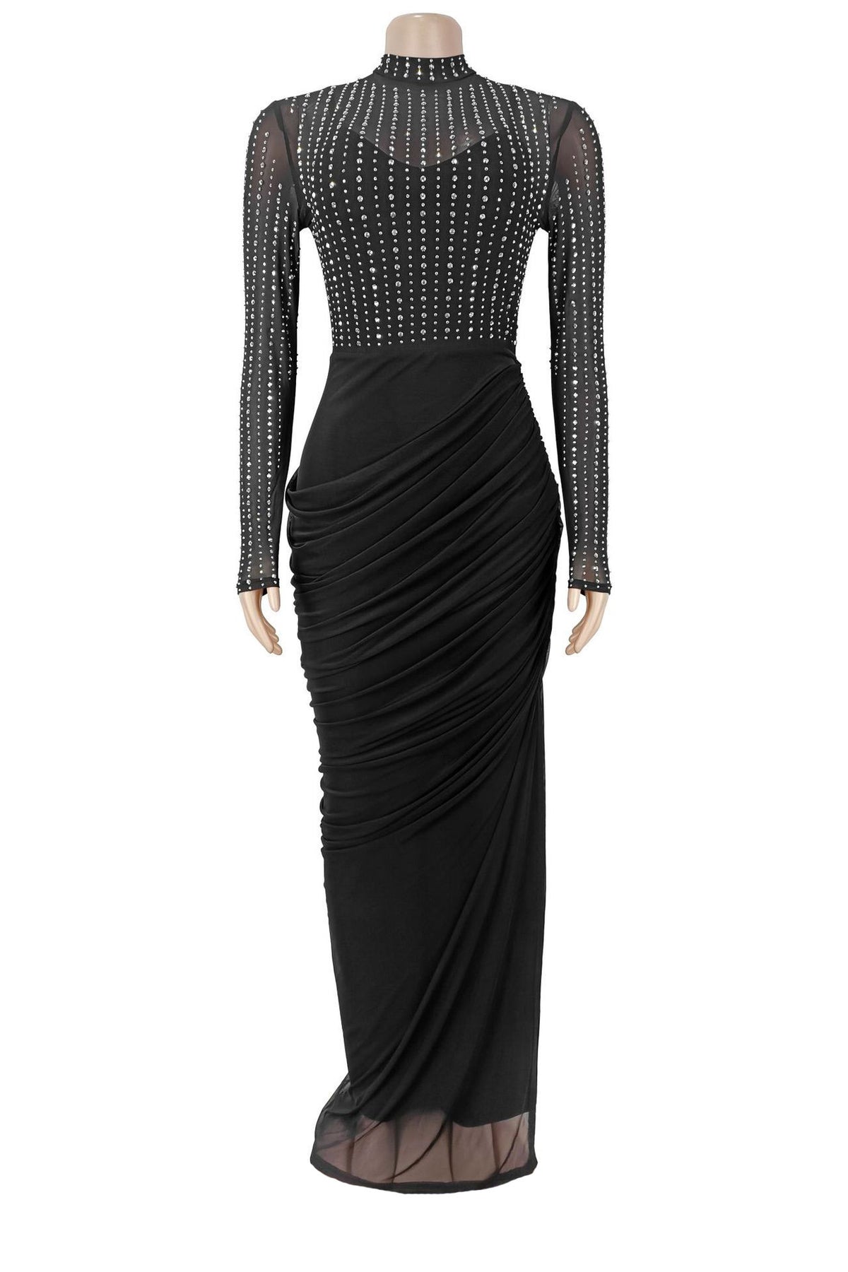 Beaded High-Neck Ruched Mesh Maxi Dress