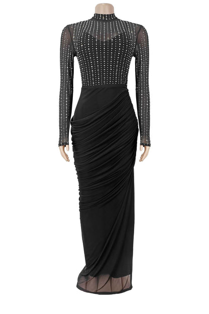 Beaded High-Neck Ruched Mesh Maxi Dress