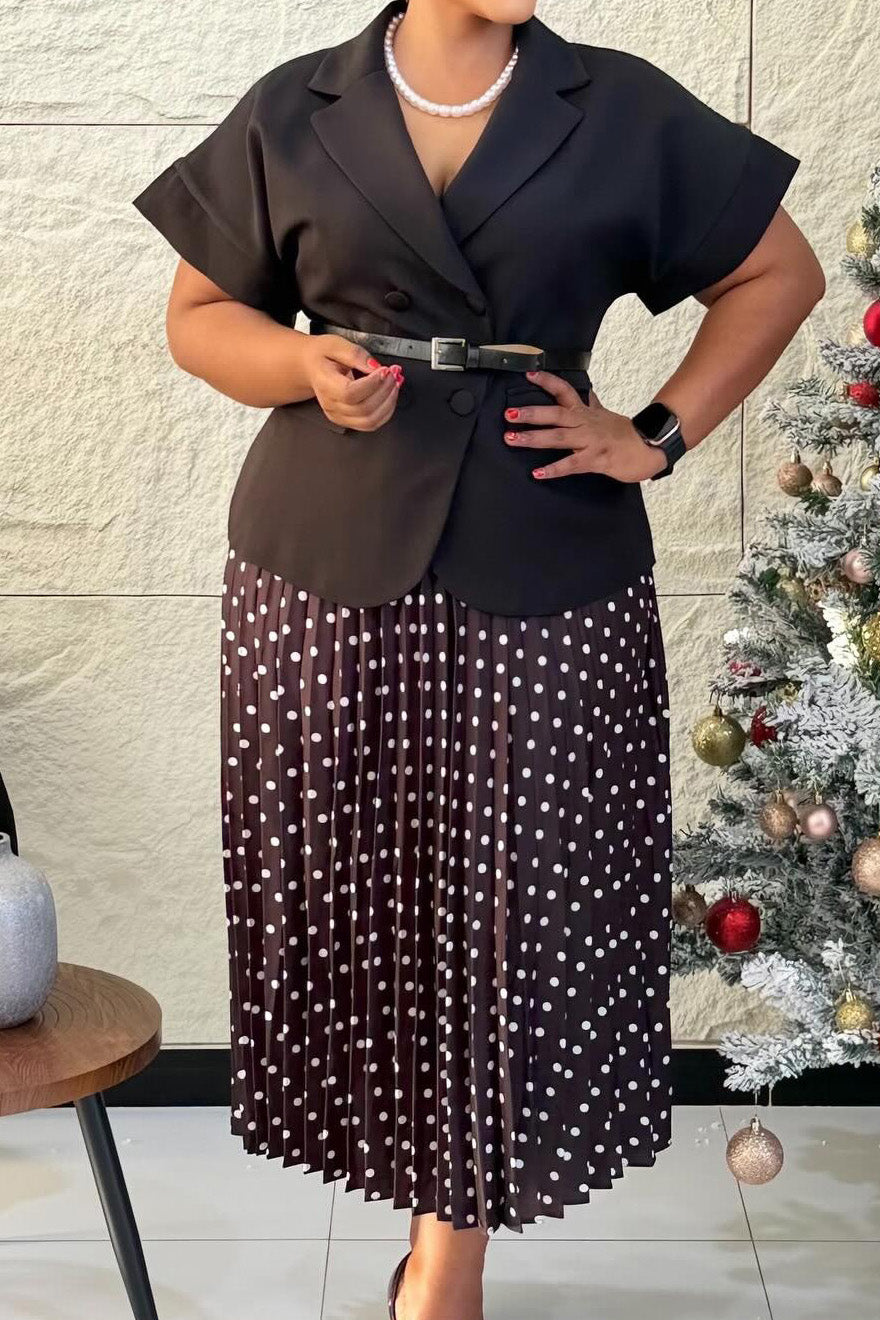 Belted Blazer & Pleated Polka Dot Skirt Set