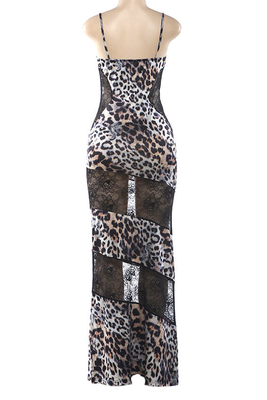 Leopard Print Lace Patchwork Cami Maxi Dress
