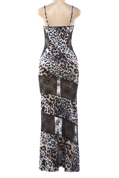 Leopard Print Lace Patchwork Cami Maxi Dress