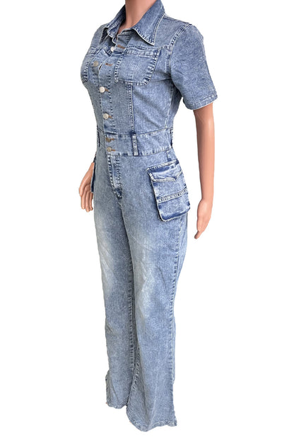 Turndown Collar Denim Jumpsuit