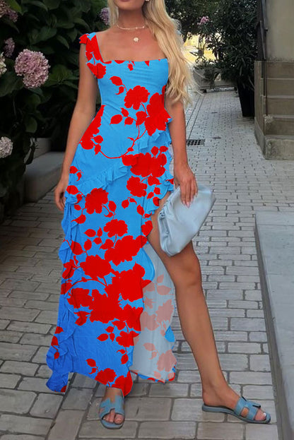 Long Strapless Dress With Slits and Tropical Print