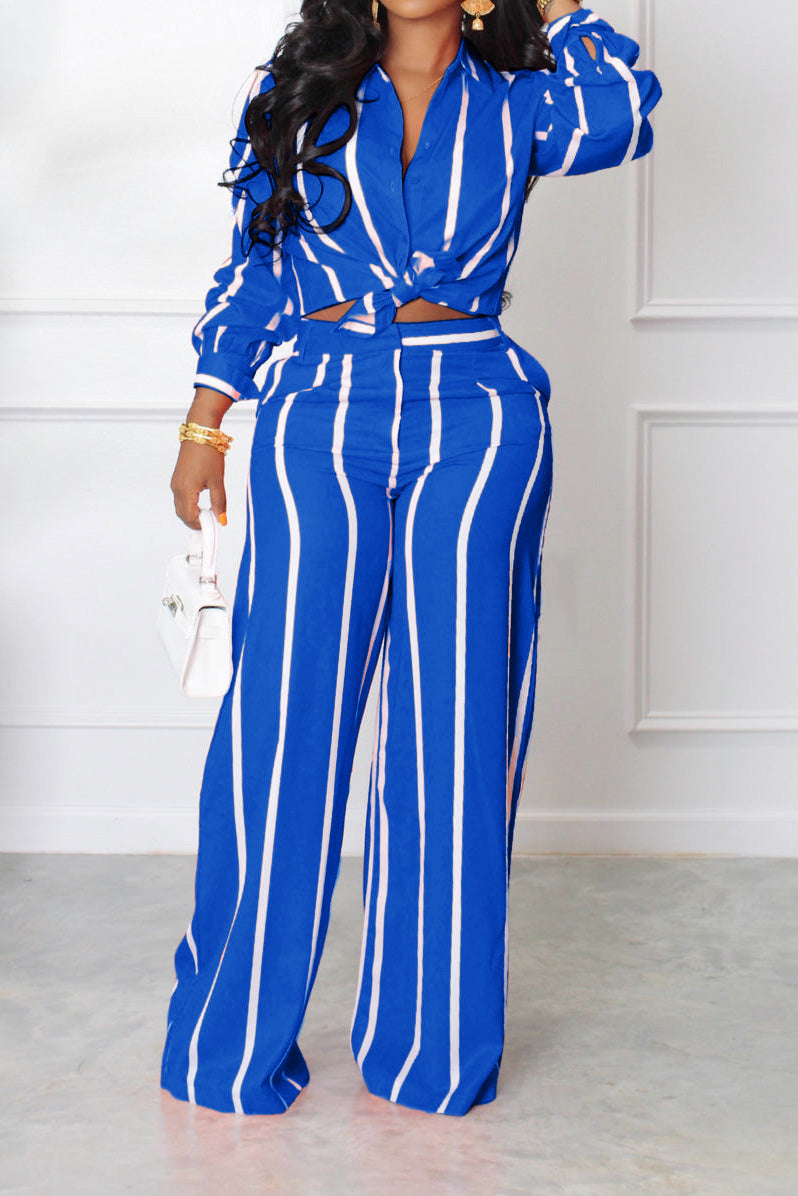 Long Sleeve Loose Printed Striped Shirt Set