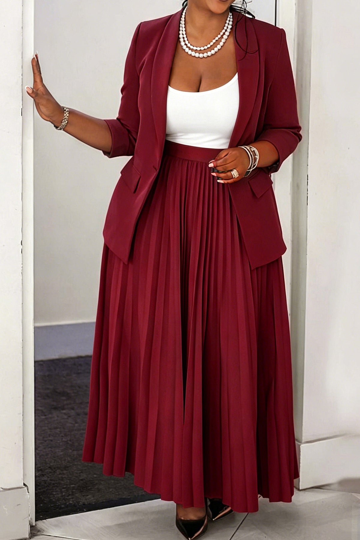 Plus Size Blazer & Pleated Skirt Set