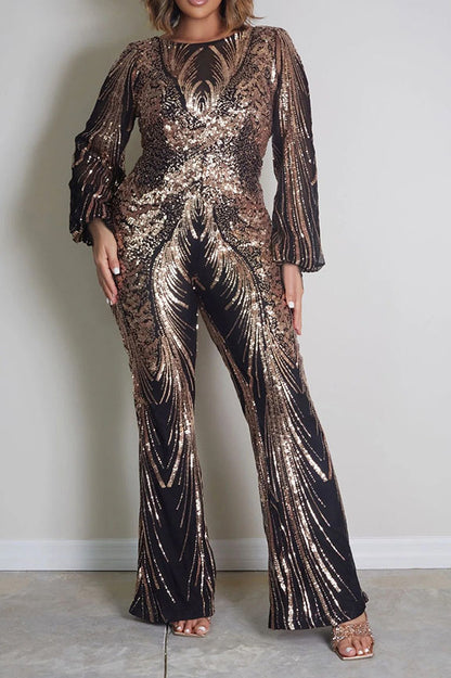 Sequin Lantern Sleeve Party Jumpsuit