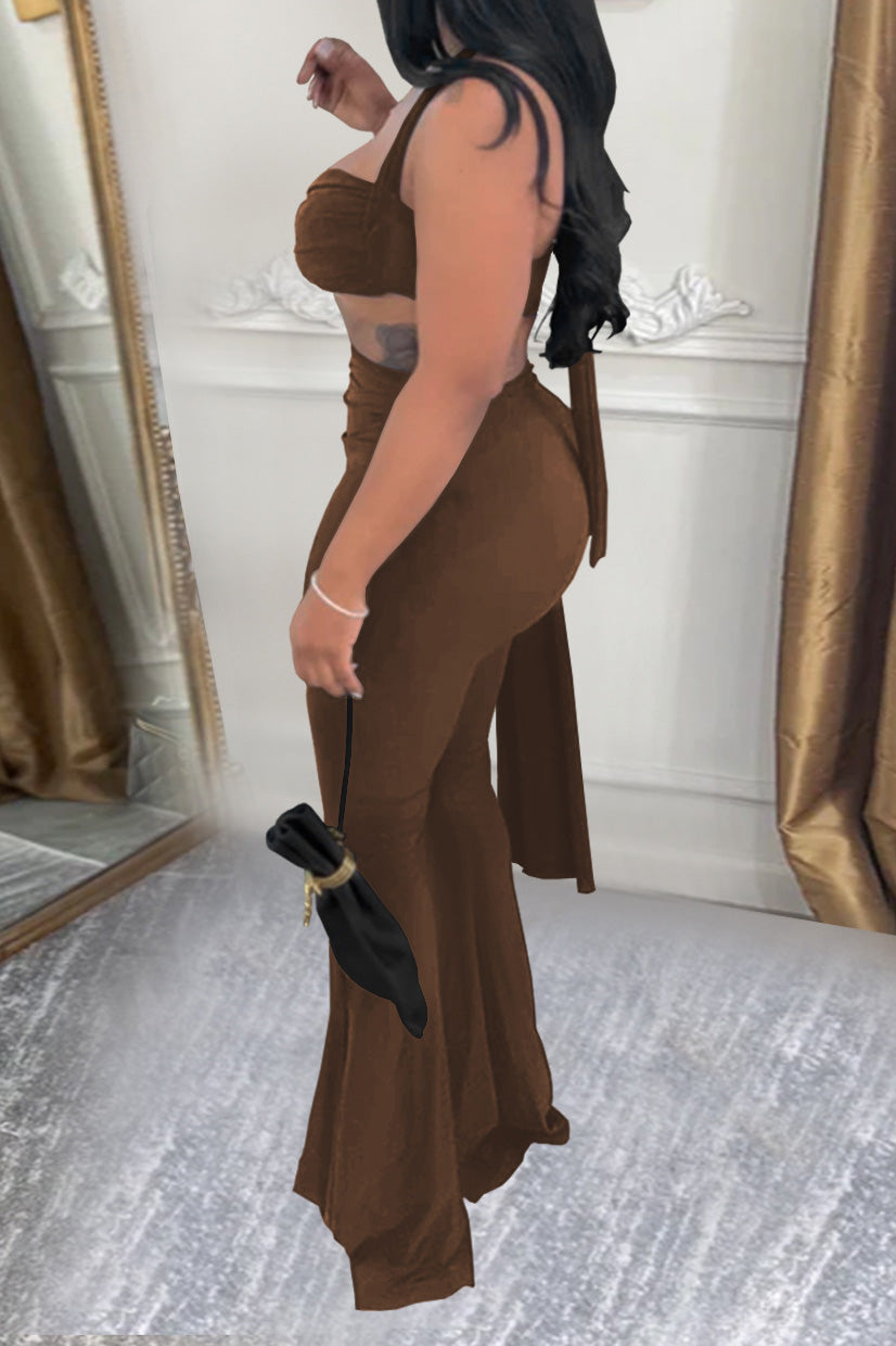 Twist-Front Halter Top & Drape Flare Pant Set