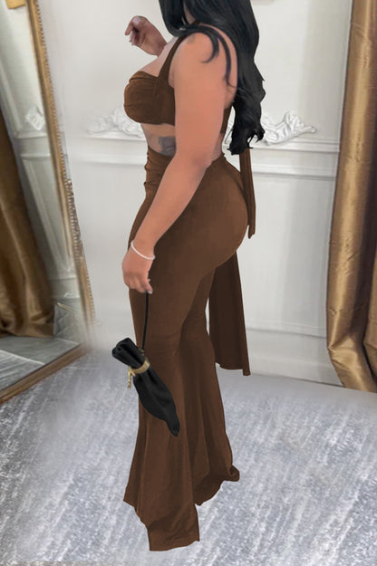 Twist-Front Halter Top & Drape Flare Pant Set