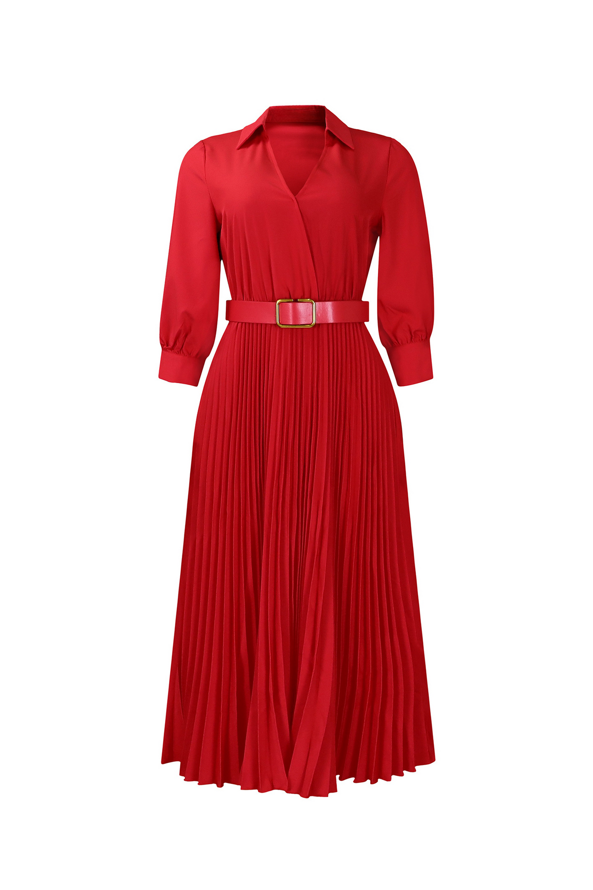 Plus Size Long Sleeve V-Neck Pleated Maxi Dresses