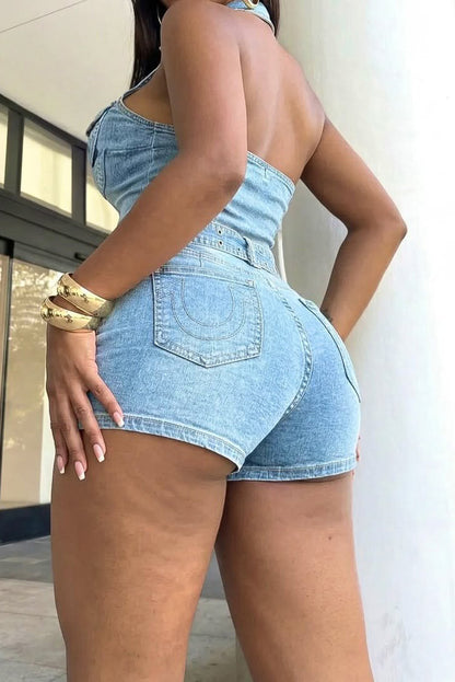 Halter Zip-Up Open Back Belted Denim Romper