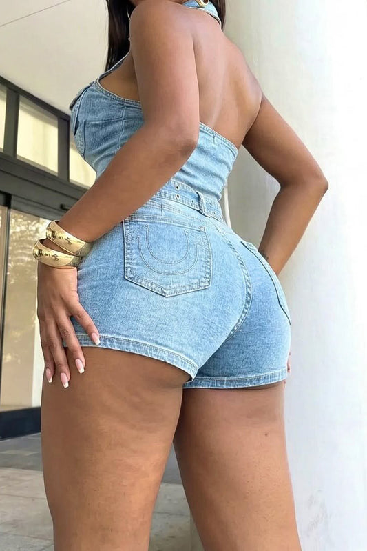 Halter Zip-Up Open Back Belted Denim Romper