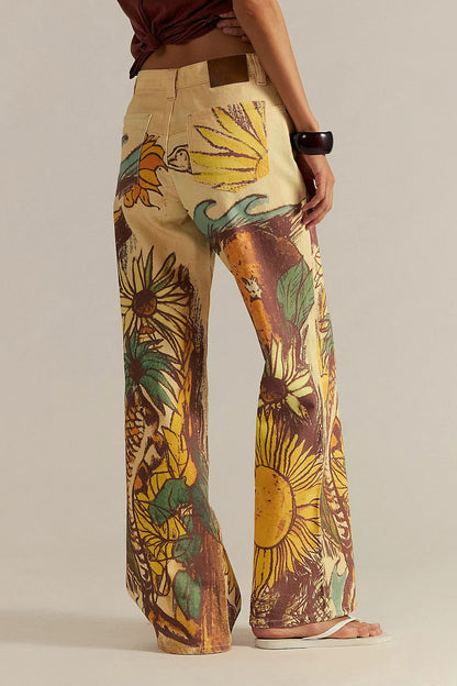High-Waisted Statement Print Wide Leg Jeans