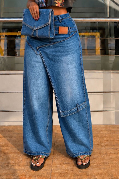 Asymmetrical Overlay Wide Leg Denim Pants