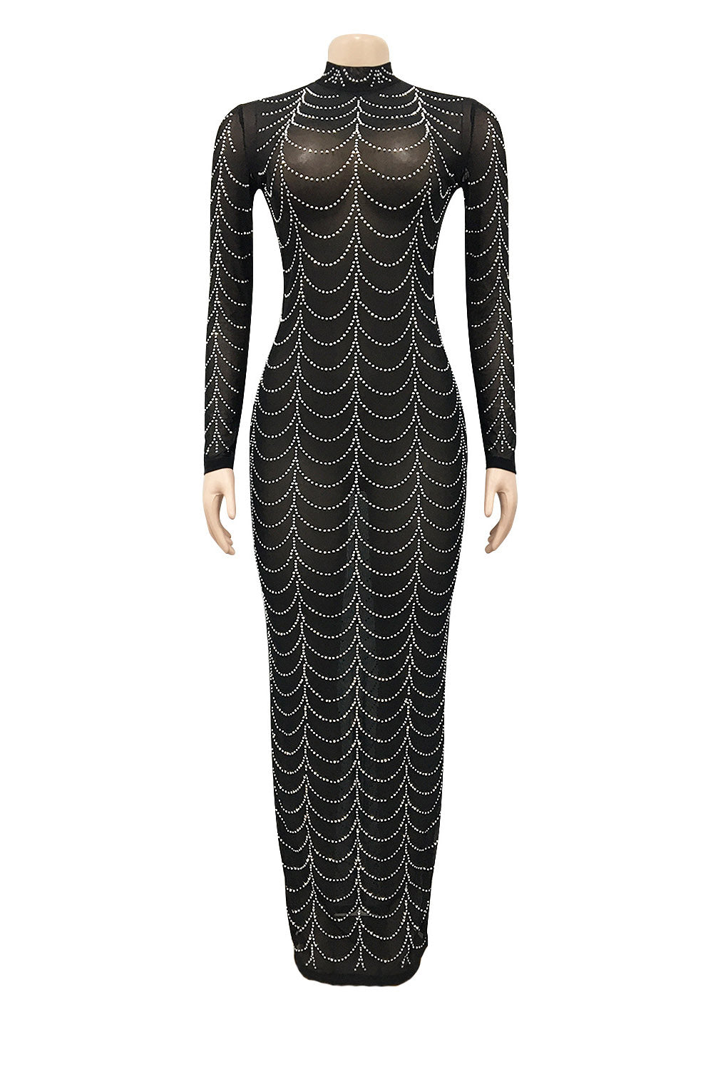 Rhinestone Long-Sleeve Sheer Maxi Dress