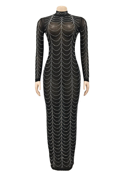 Rhinestone Long-Sleeve Sheer Maxi Dress