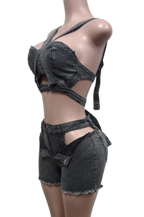 Denim Top & Cut Out Shorts Set