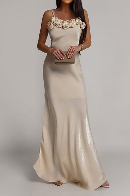 3D Floral Rosette Satin Maxi Dress