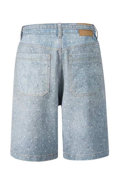 Loose Fit Denim Capri Pants with Rhinestones