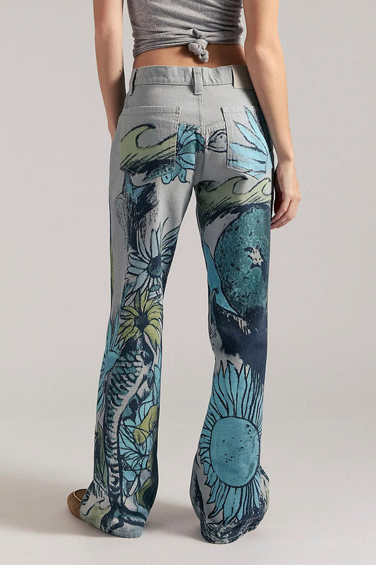 High-Waisted Statement Print Wide Leg Jeans