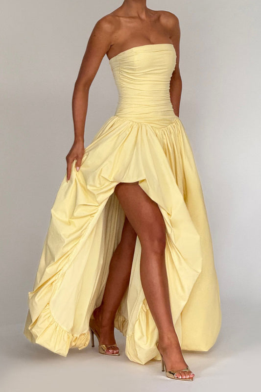 Strapless Ruched High-Slit Evening Gown