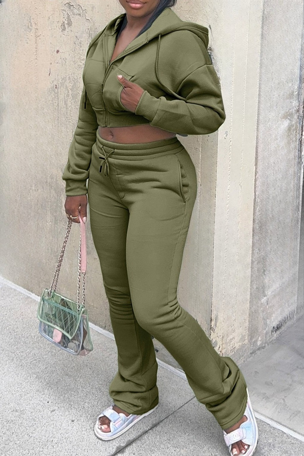 Fleece Hoodie Zip Jacket and Flare Pants Set