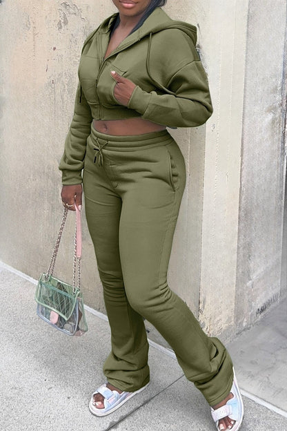 Fleece Hoodie Zip Jacket and Flare Pants Set