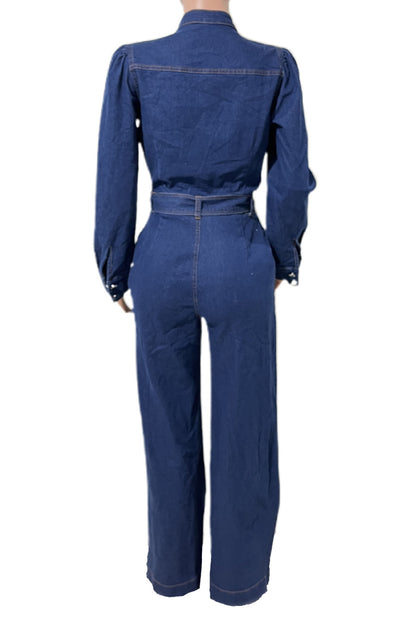 Long-Sleeve Wide-Leg Denim Jumpsuit