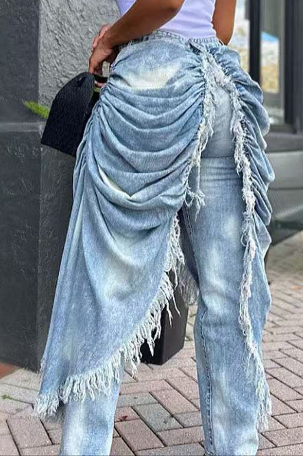 Draped Frayed Overlay Denim Jeans