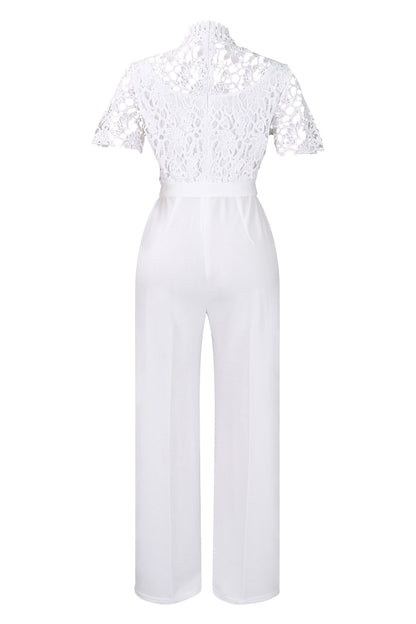 Lace Hollow Out Tie Waist Wide Leg Jumpsuit