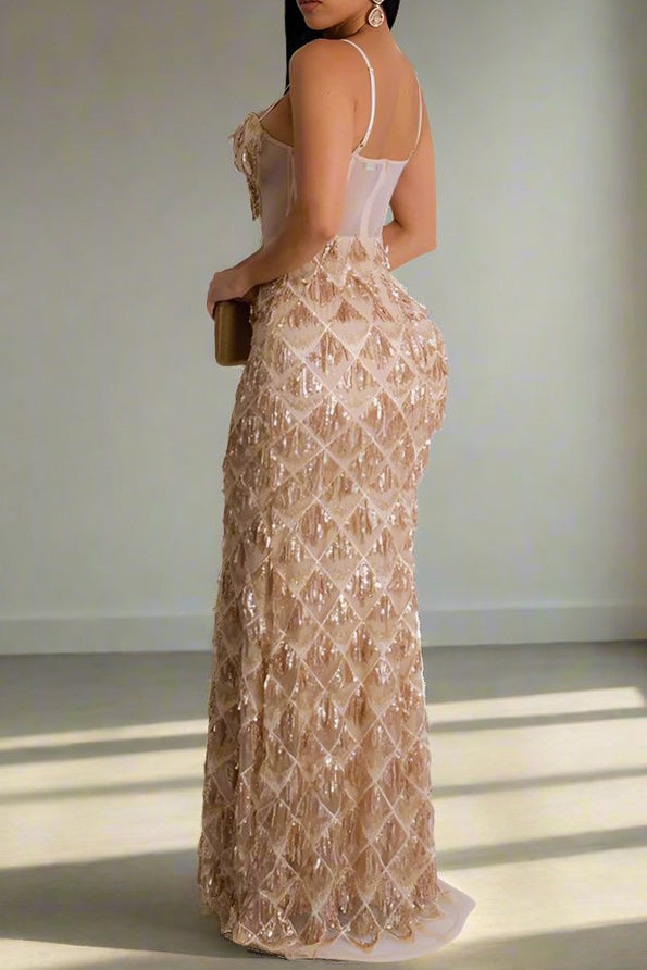 Cami Corset Sequin Fringe Gowns Maxi Dresses