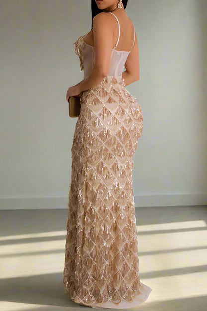Cami Corset Sequin Fringe Gowns Maxi Dresses