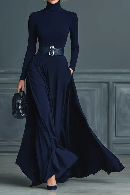 Long Sleeve High Neck Waist Tie Maxi Dress