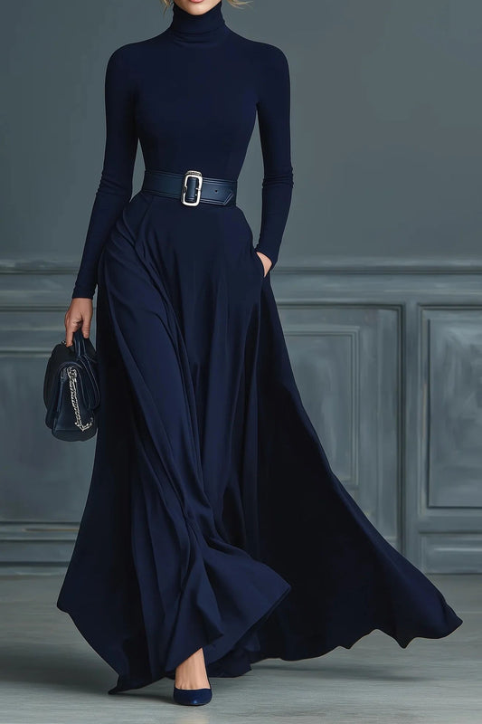 Long Sleeve High Neck Waist Tie Maxi Dress