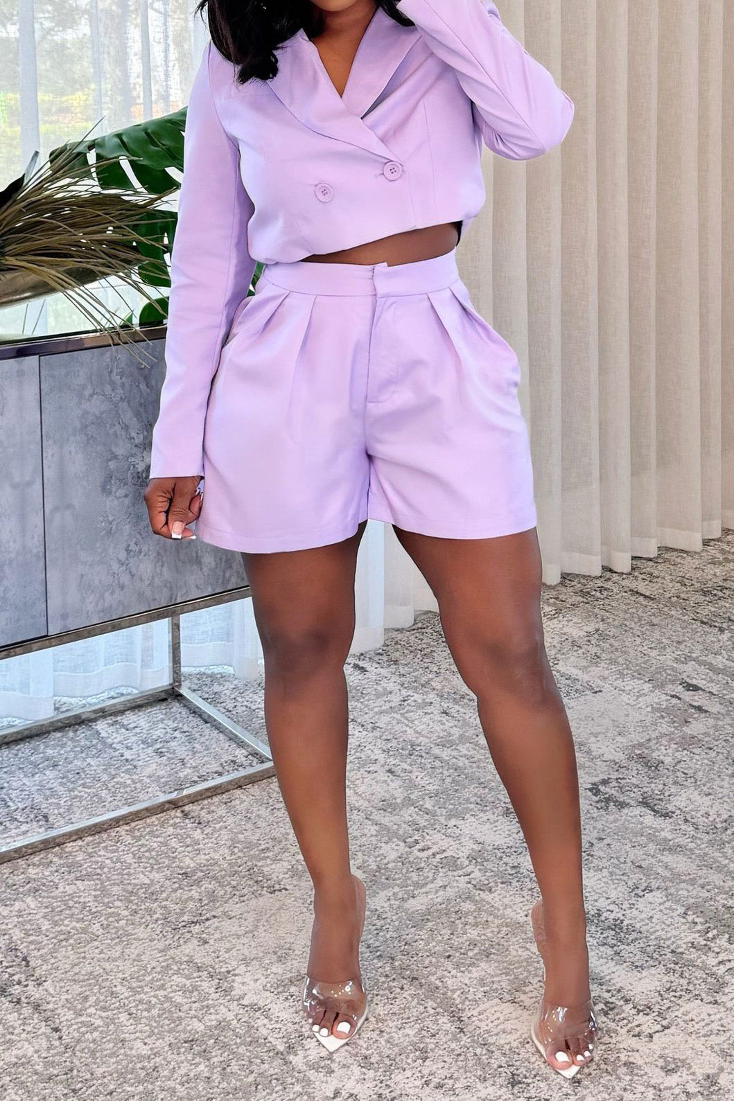 Elegant Blazer Long Sleeve Shorts Set