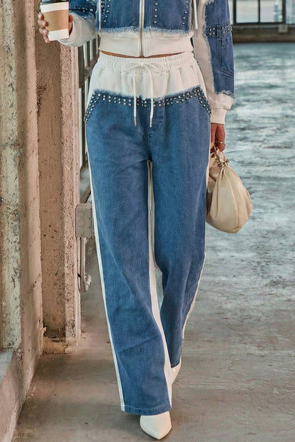 Denim Spliced Studded Wide Leg Joggers