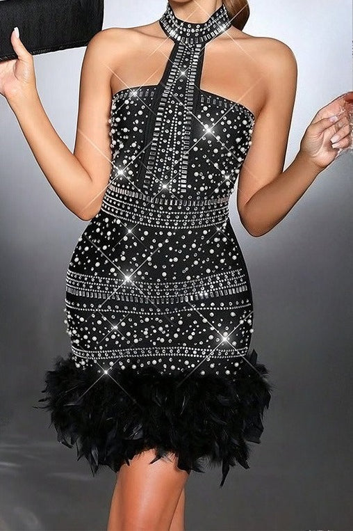 Rhinestone Halter Feather Trim Mini Dress