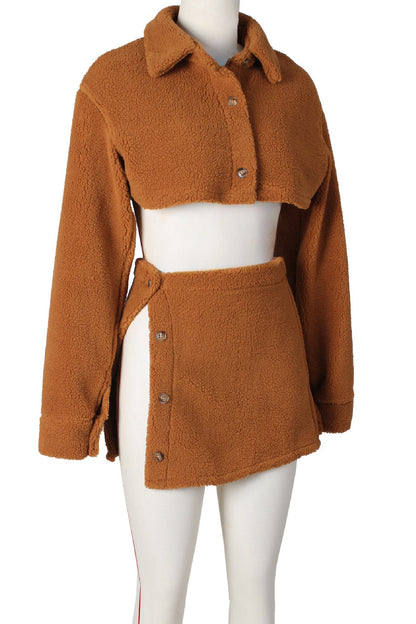 Fleece Long Sleeve Crop Tops Button Split Skirts