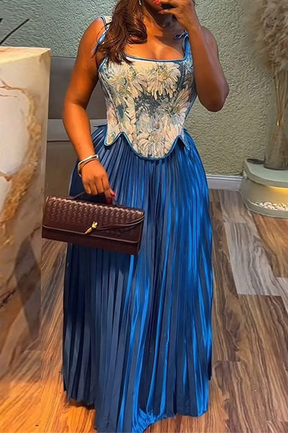 Printed Crop Tank with High Waist Pleated Skirt