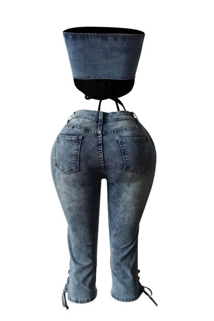 Denim Corset Top Lace-Up & Mid-Thigh Shorts Set